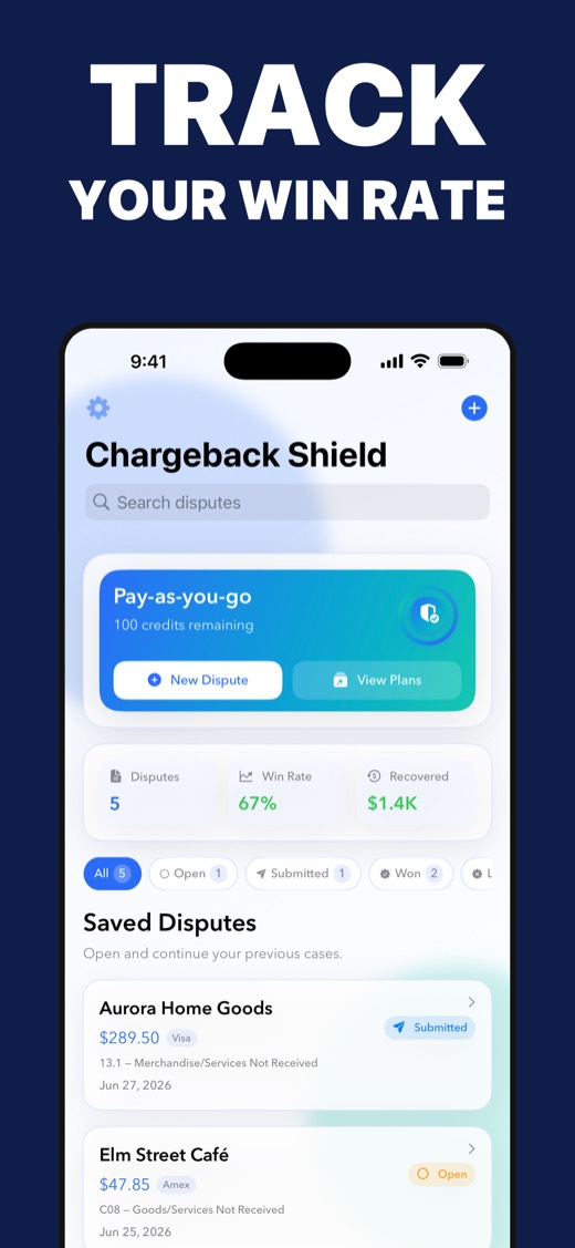 Dashboard tracking chargeback win rate and recovered revenue